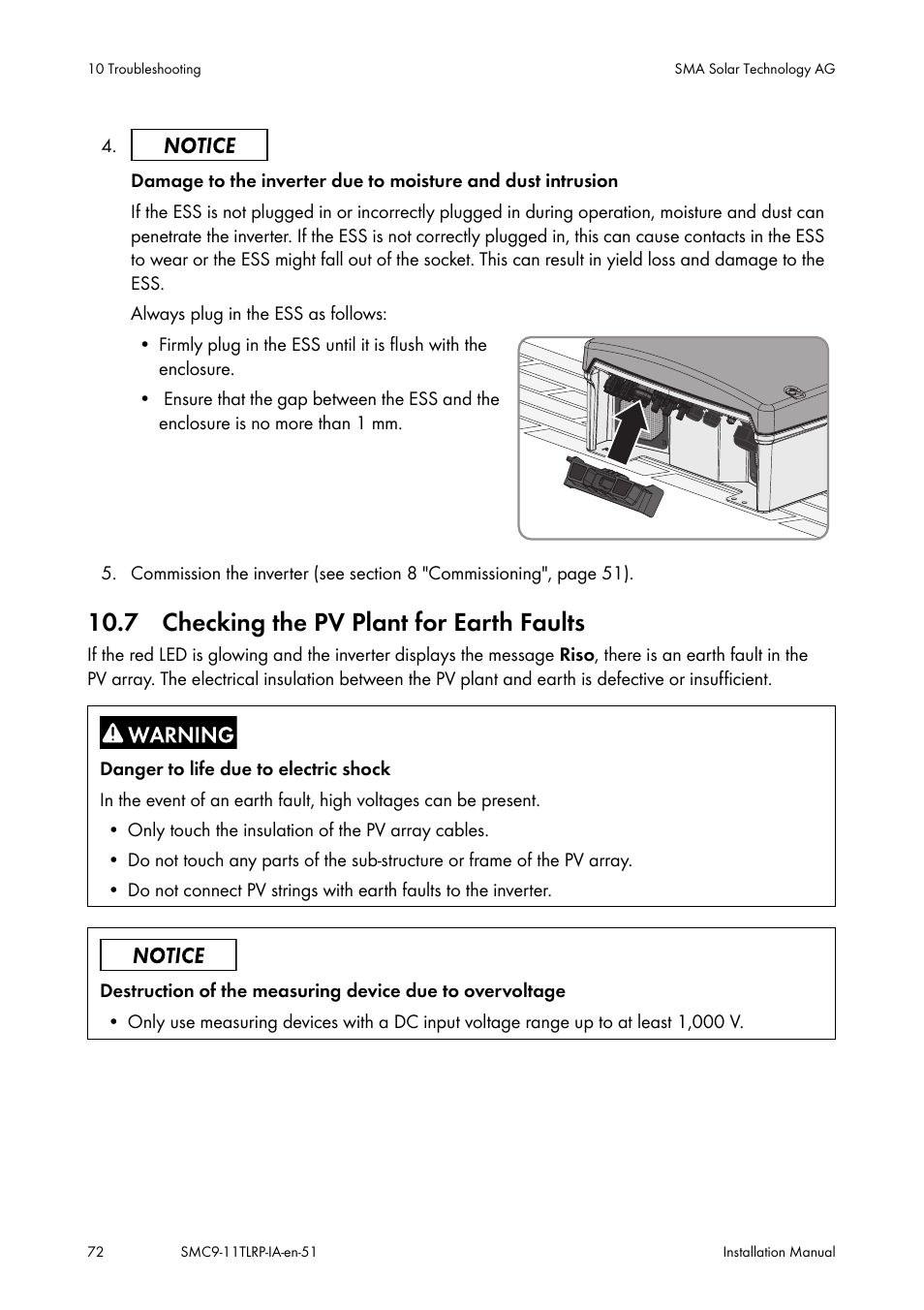 Checking the pv plant for earth faults, 7 checking the pv plant for earth faults | SMA SMC 9000TL Installation User Manual | Page 72 / 96
