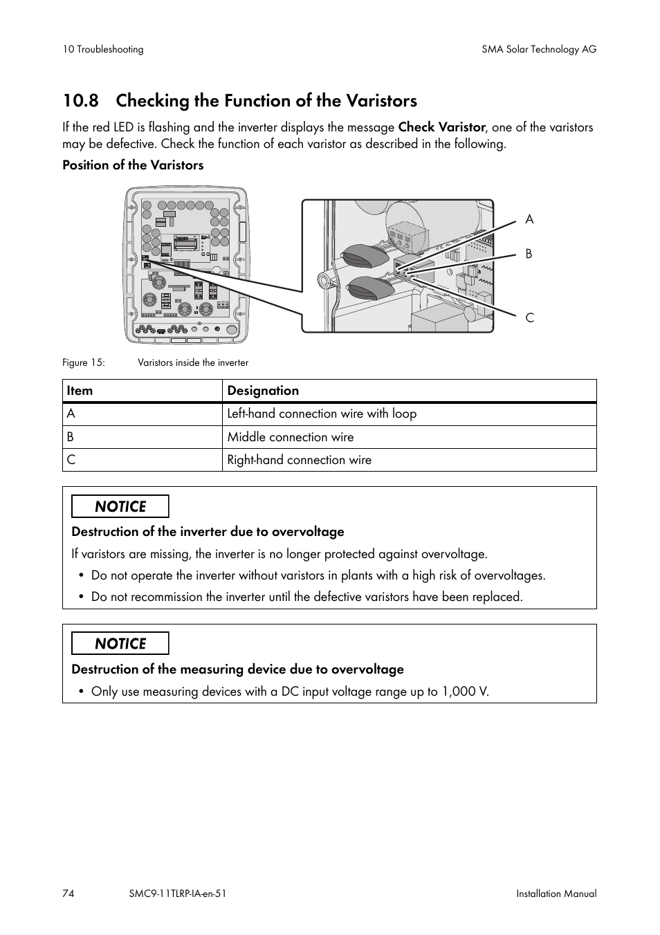 Checking the function of the varistors, 8 checking the function of the varistors | SMA SMC 9000TL Installation User Manual | Page 74 / 96