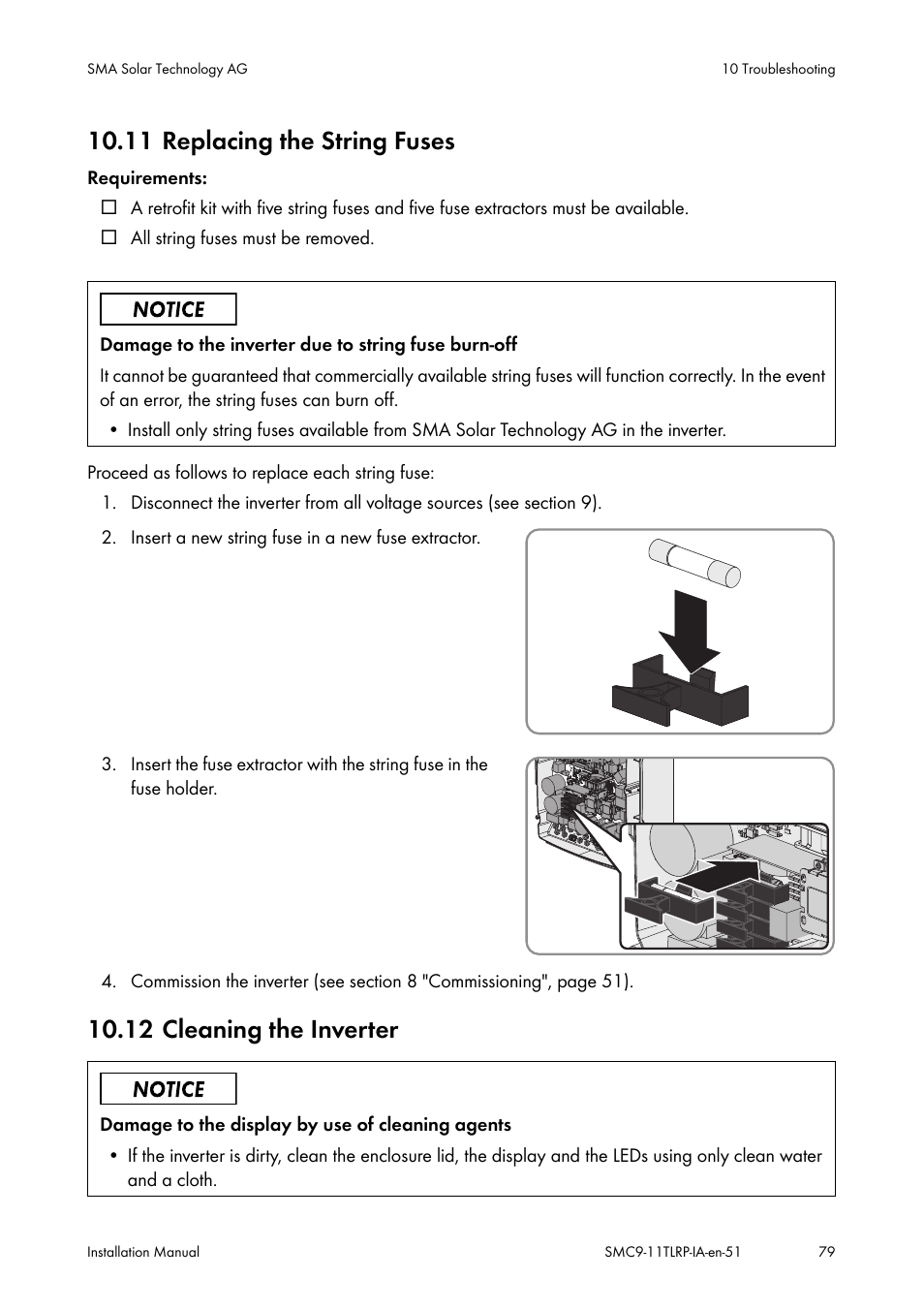 Replacing the string fuses, Cleaning the inverter, 11 replacing the string fuses | 12 cleaning the inverter | SMA SMC 9000TL Installation User Manual | Page 79 / 96