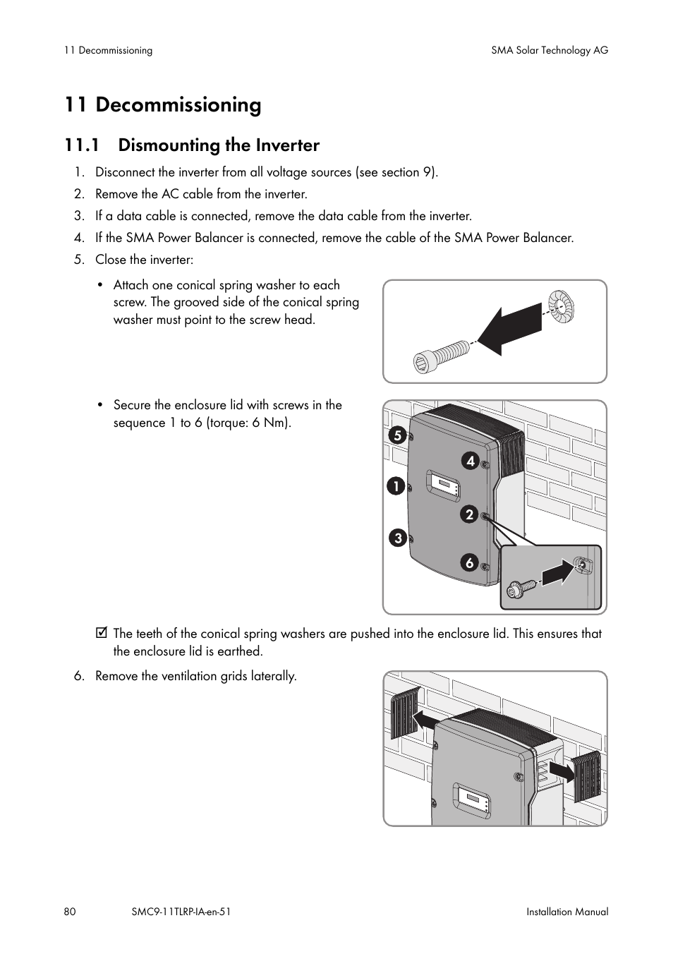 Decommissioning, Dismounting the inverter, 11 decommissioning | 1 dismounting the inverter | SMA SMC 9000TL Installation User Manual | Page 80 / 96