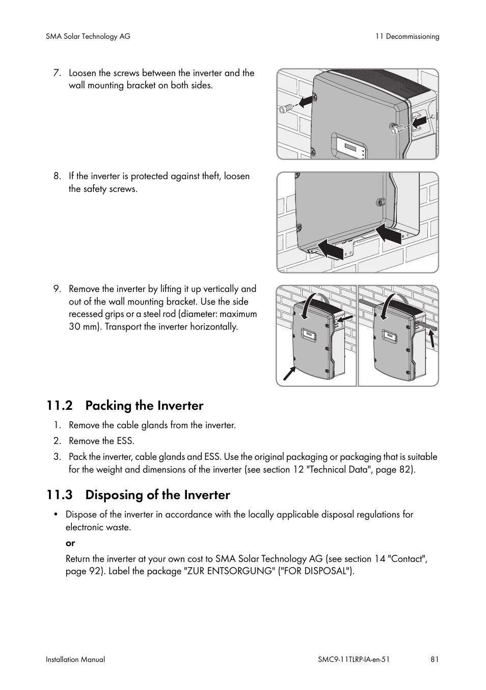 Packing the inverter, Disposing of the inverter | SMA SMC 9000TL Installation User Manual | Page 81 / 96