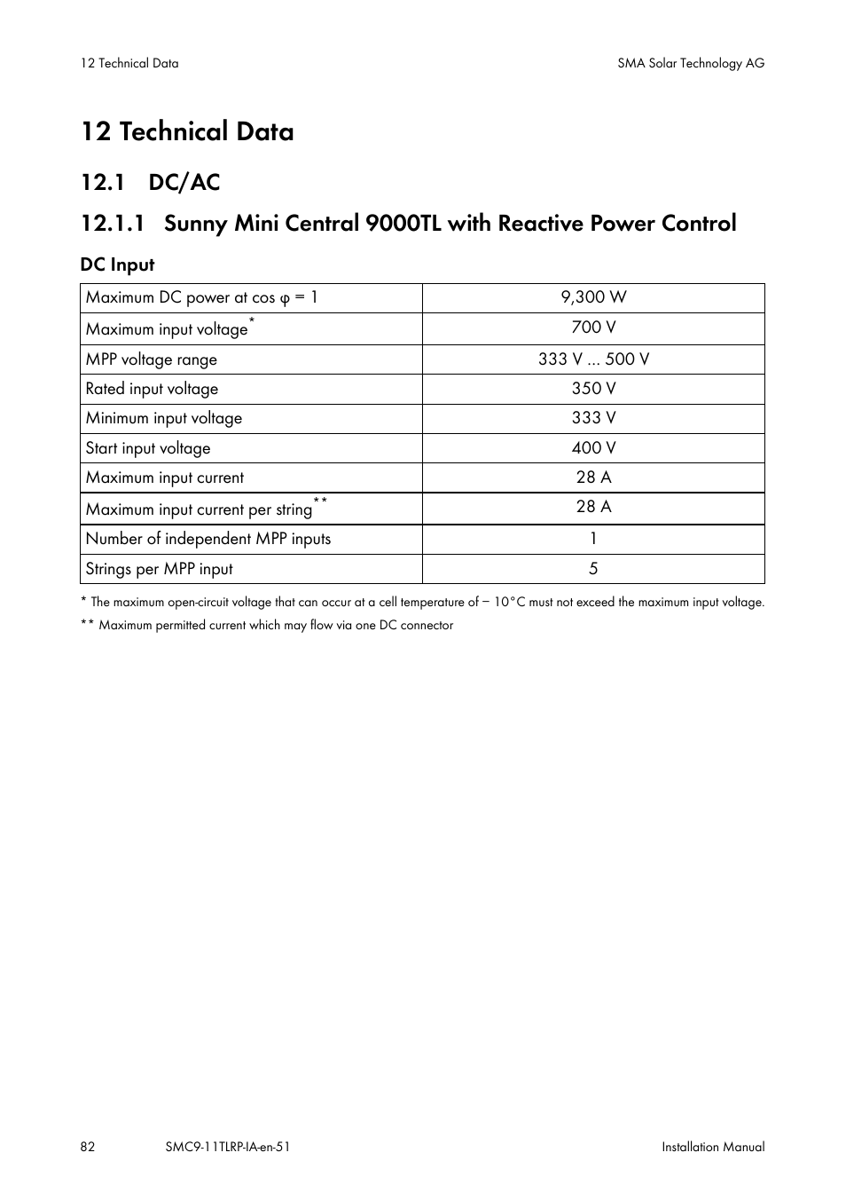 Technical data, Dc/ac, 12 technical data | 1 dc/ac | SMA SMC 9000TL Installation User Manual | Page 82 / 96