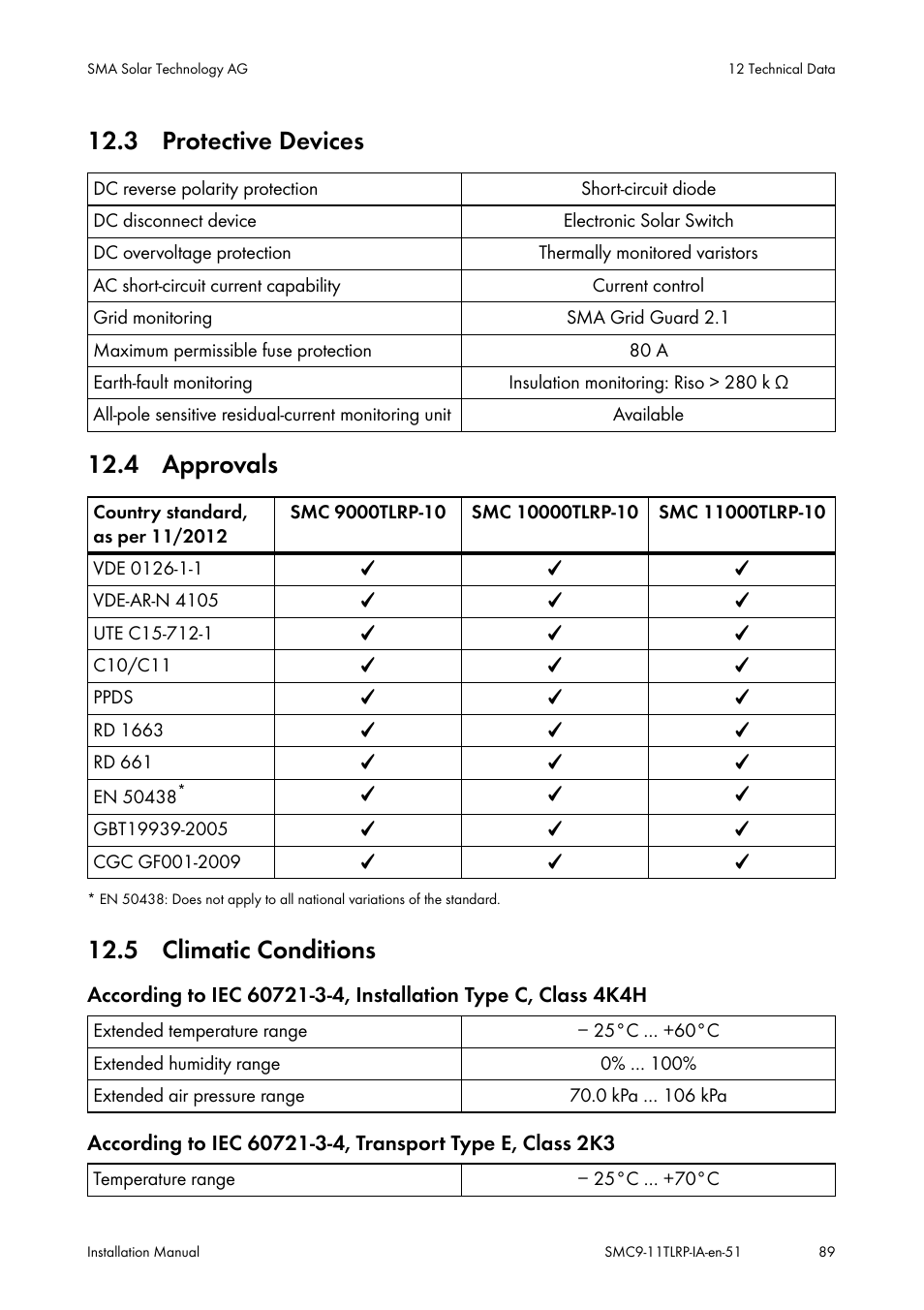 Protective devices, Approvals, Climatic conditions | 3 protective devices, 4 approvals, 5 climatic conditions | SMA SMC 9000TL Installation User Manual | Page 89 / 96
