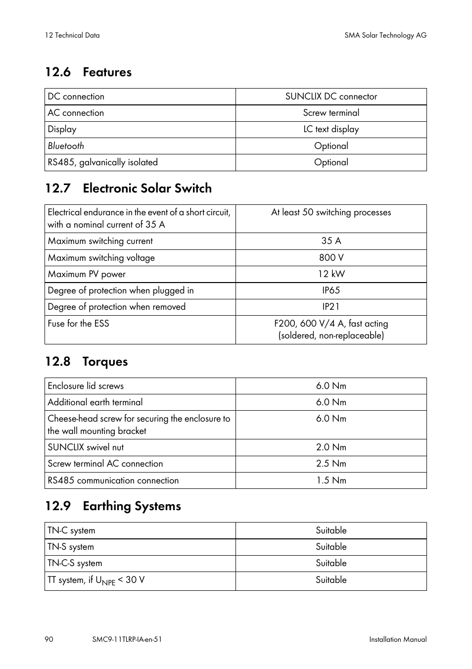 Features, Electronic solar switch, Torques | Earthing systems, 6 features, 7 electronic solar switch, 8 torques, 9 earthing systems | SMA SMC 9000TL Installation User Manual | Page 90 / 96