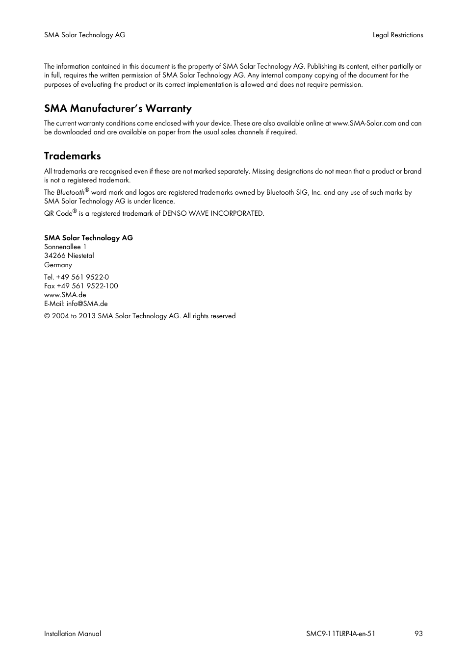 Sma manufacturer’s warranty, Trademarks | SMA SMC 9000TL Installation User Manual | Page 93 / 96
