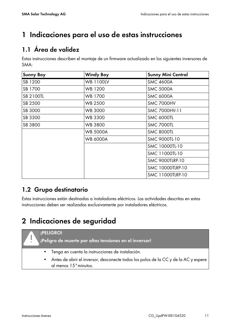 1 indicaciones para el uso de estas instrucciones, 1 área de validez, 2 grupo destinatario | 2 indicaciones de seguridad | SMA IMXX-FWUP SMCTL User Manual | Page 11 / 40