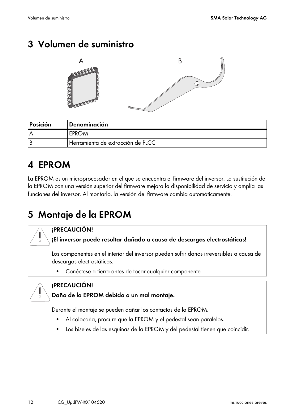 3 volumen de suministro, 4 eprom, 5 montaje de la eprom | 3 volumen de suministro 4 eprom | SMA IMXX-FWUP SMCTL User Manual | Page 12 / 40