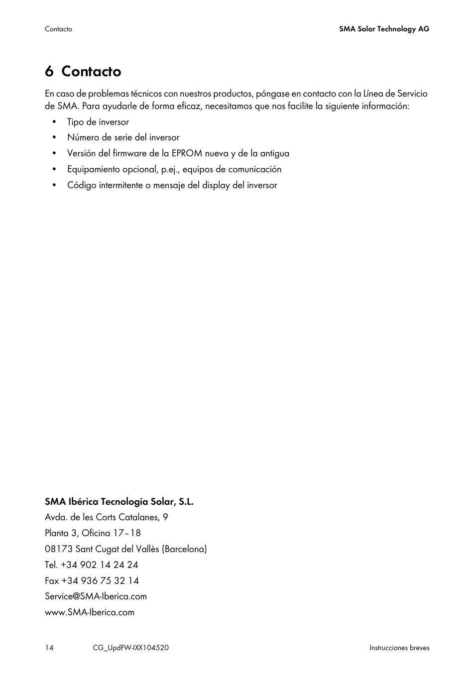 6 contacto | SMA IMXX-FWUP SMCTL User Manual | Page 14 / 40