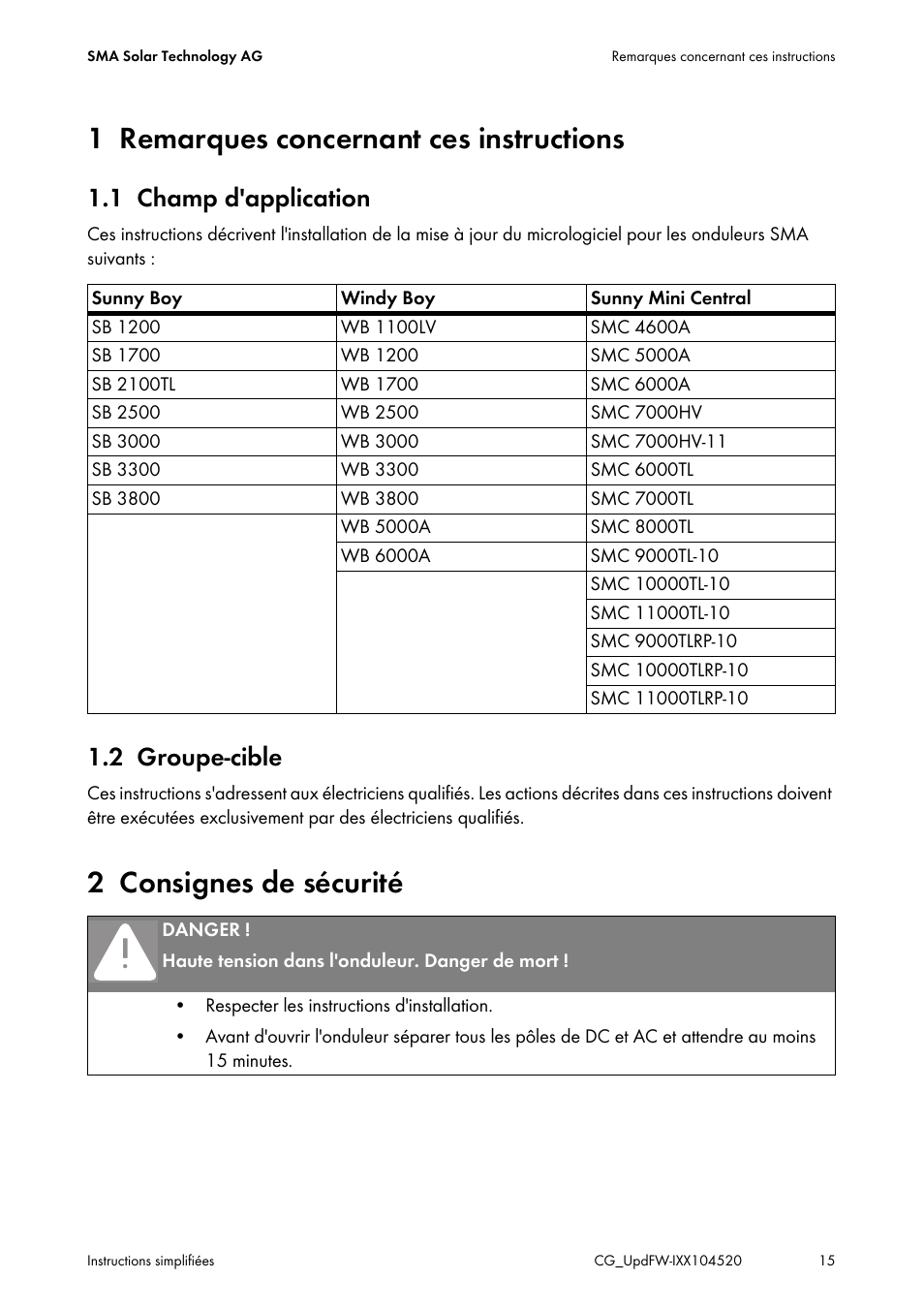 1 remarques concernant ces instructions, 1 champ d'application, 2 groupe-cible | 2 consignes de sécurité | SMA IMXX-FWUP SMCTL User Manual | Page 15 / 40