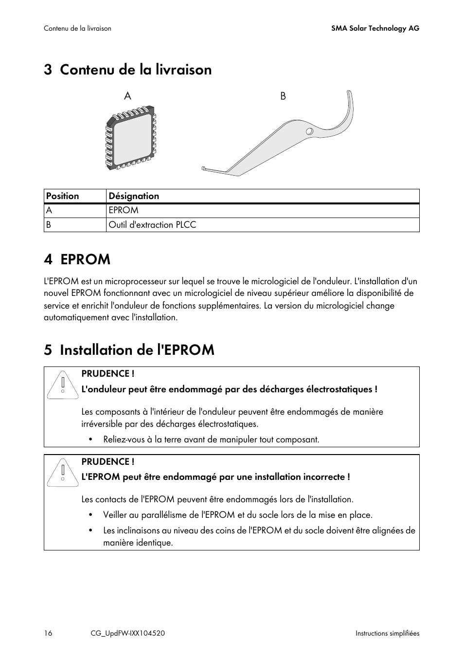 3 contenu de la livraison, 4 eprom, 5 installation de l'eprom | 3 contenu de la livraison 4 eprom | SMA IMXX-FWUP SMCTL User Manual | Page 16 / 40
