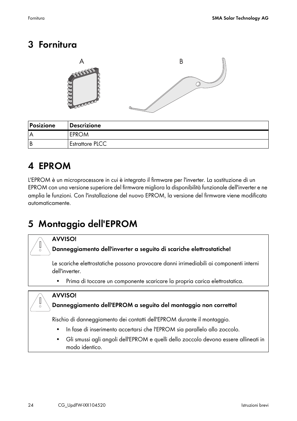 3 fornitura, 4 eprom, 5 montaggio dell'eprom | 3 fornitura 4 eprom | SMA IMXX-FWUP SMCTL User Manual | Page 24 / 40