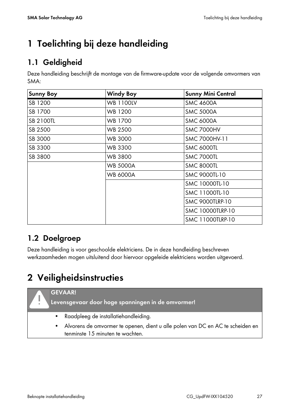 1 toelichting bij deze handleiding, 1 geldigheid, 2 doelgroep | 2 veiligheidsinstructies | SMA IMXX-FWUP SMCTL User Manual | Page 27 / 40