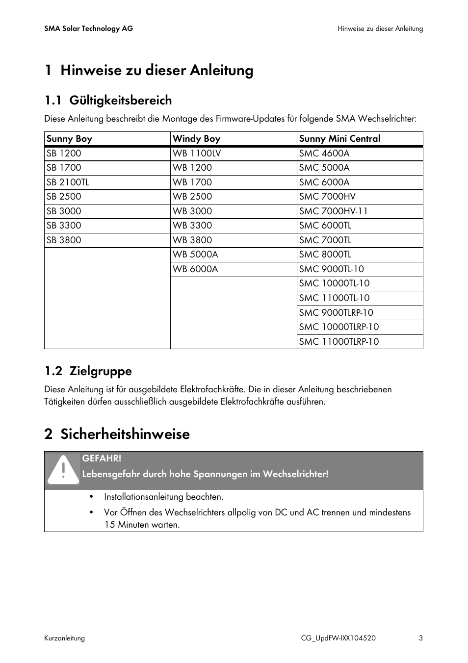 1 hinweise zu dieser anleitung, 1 gültigkeitsbereich, 2 zielgruppe | 2 sicherheitshinweise | SMA IMXX-FWUP SMCTL User Manual | Page 3 / 40