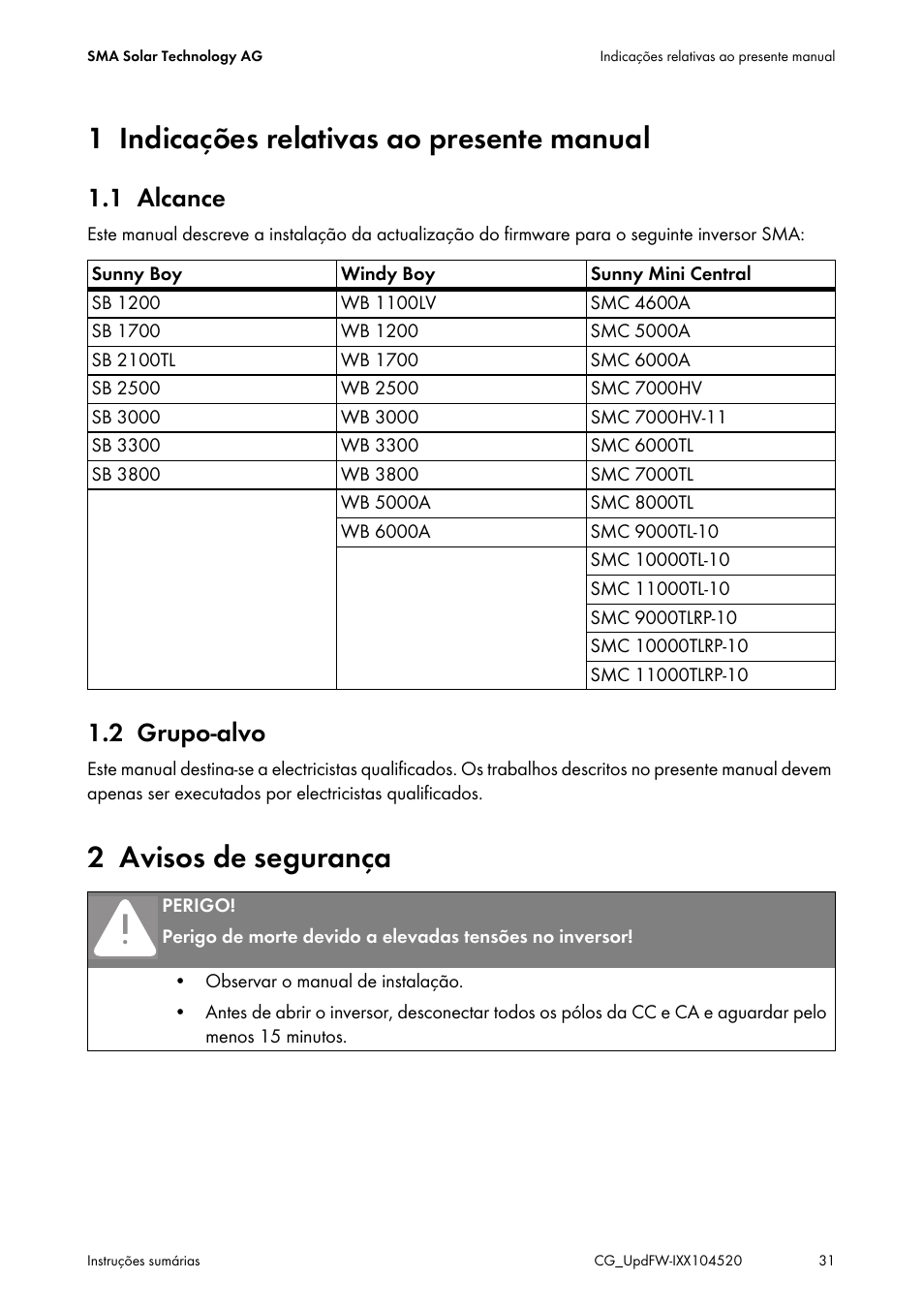 1 indicações relativas ao presente manual, 1 alcance, 2 grupo-alvo | 2 avisos de segurança | SMA IMXX-FWUP SMCTL User Manual | Page 31 / 40