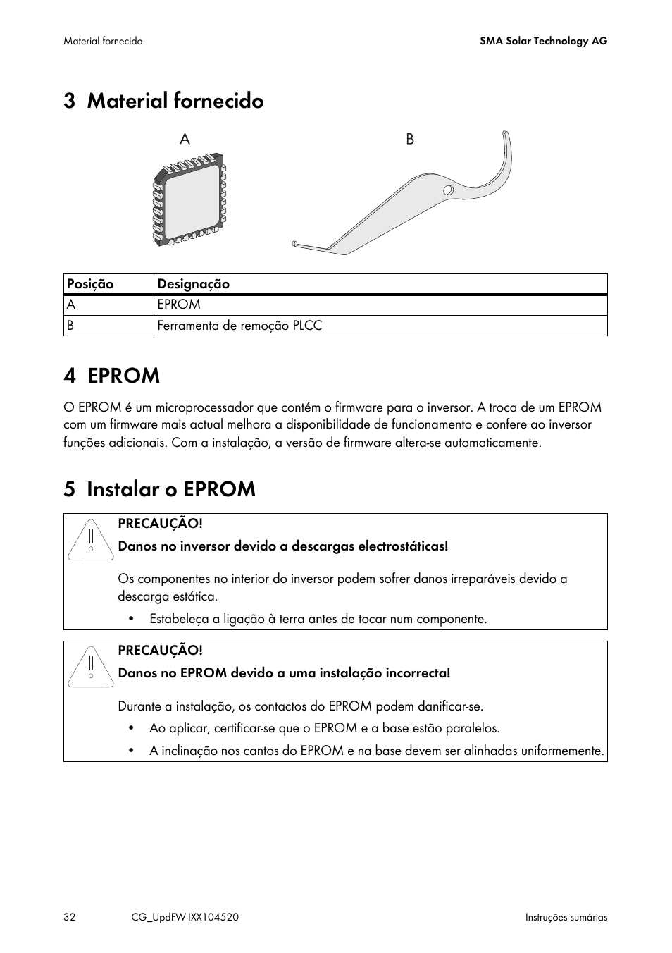 3 material fornecido, 4 eprom, 5 instalar o eprom | 3 material fornecido 4 eprom | SMA IMXX-FWUP SMCTL User Manual | Page 32 / 40