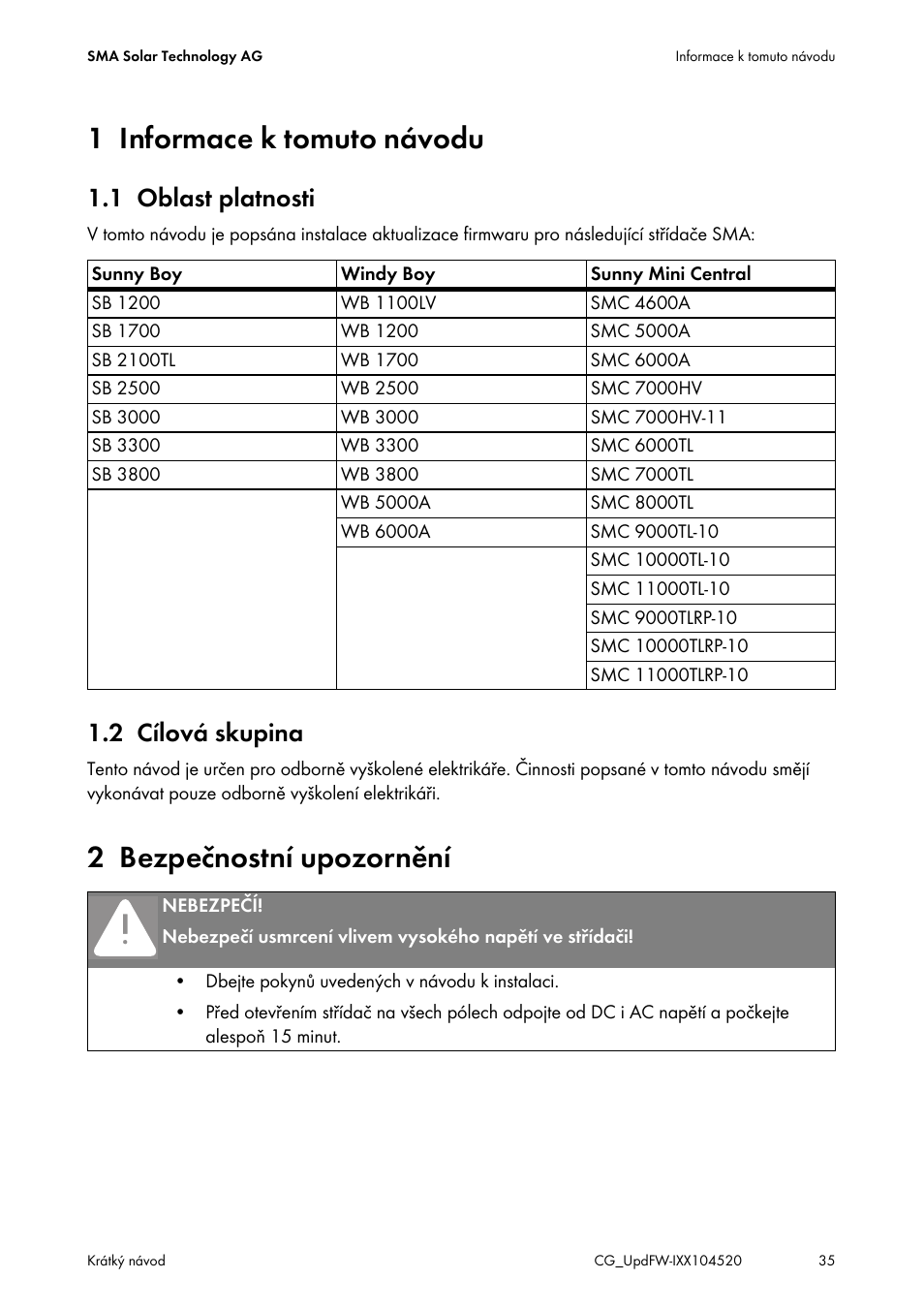 1 informace k tomuto návodu, 1 oblast platnosti, 2 cílová skupina | 2 bezpečnostní upozornění | SMA IMXX-FWUP SMCTL User Manual | Page 35 / 40