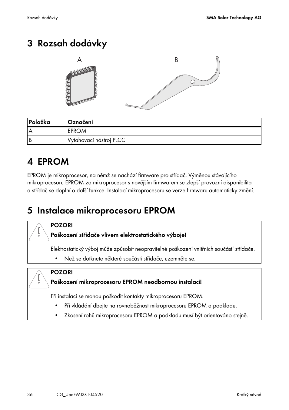 3 rozsah dodávky, 4 eprom, 5 instalace mikroprocesoru eprom | 3 rozsah dodávky 4 eprom | SMA IMXX-FWUP SMCTL User Manual | Page 36 / 40