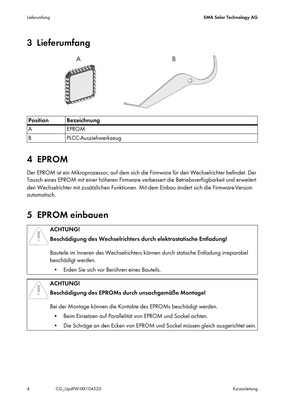 3 lieferumfang, 4 eprom, 5 eprom einbauen | 3 lieferumfang 4 eprom | SMA IMXX-FWUP SMCTL User Manual | Page 4 / 40