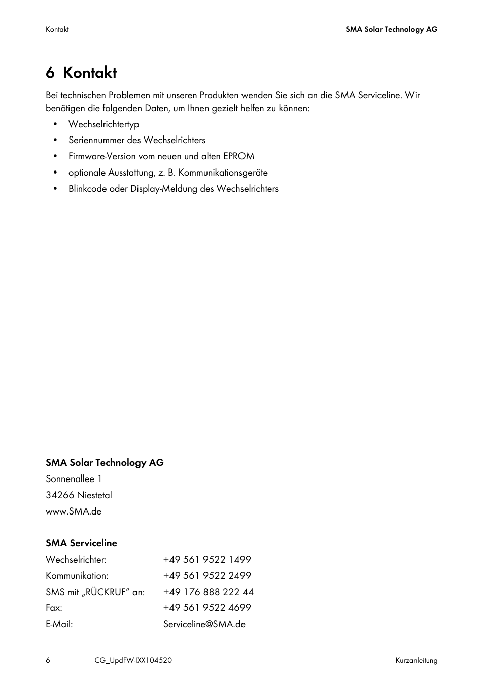 6 kontakt | SMA IMXX-FWUP SMCTL User Manual | Page 6 / 40