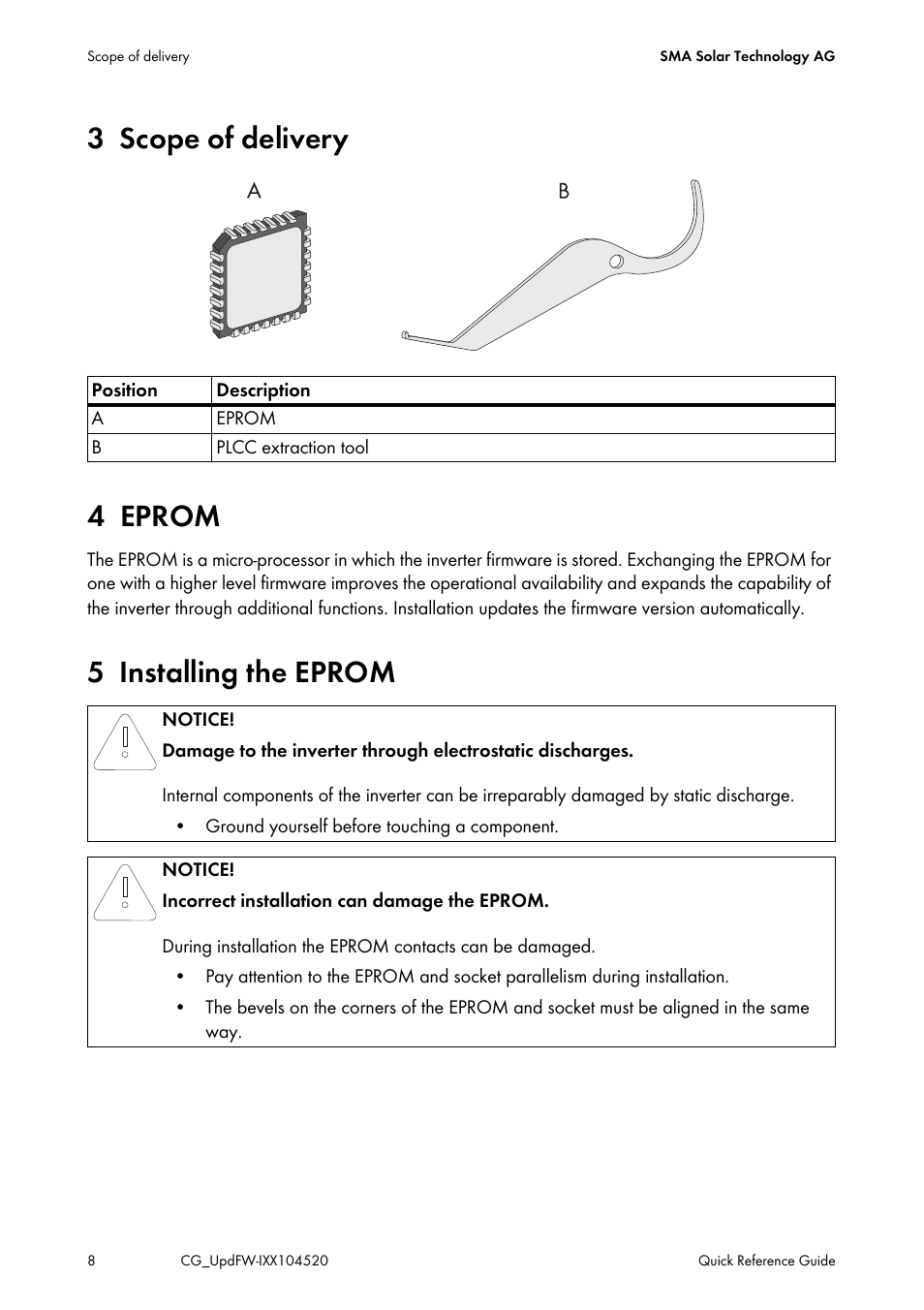 3 scope of delivery, 4 eprom, 5 installing the eprom | 3 scope of delivery 4 eprom | SMA IMXX-FWUP SMCTL User Manual | Page 8 / 40