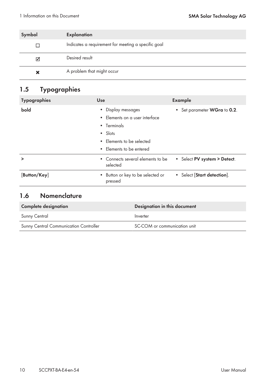 5 typographies, 6 nomenclature, Typographies | Nomenclature | SMA SC 500CP XT User Manual | Page 10 / 158