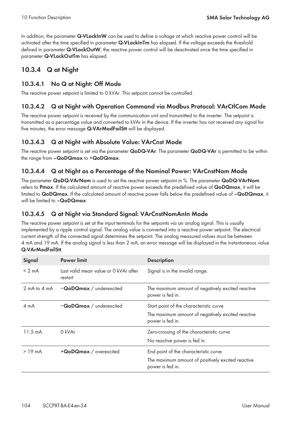 4 q at night, 1 no q at night: off mode, 3 q at night with absolute value: varcnst mode | Q at night | SMA SC 500CP XT User Manual | Page 104 / 158