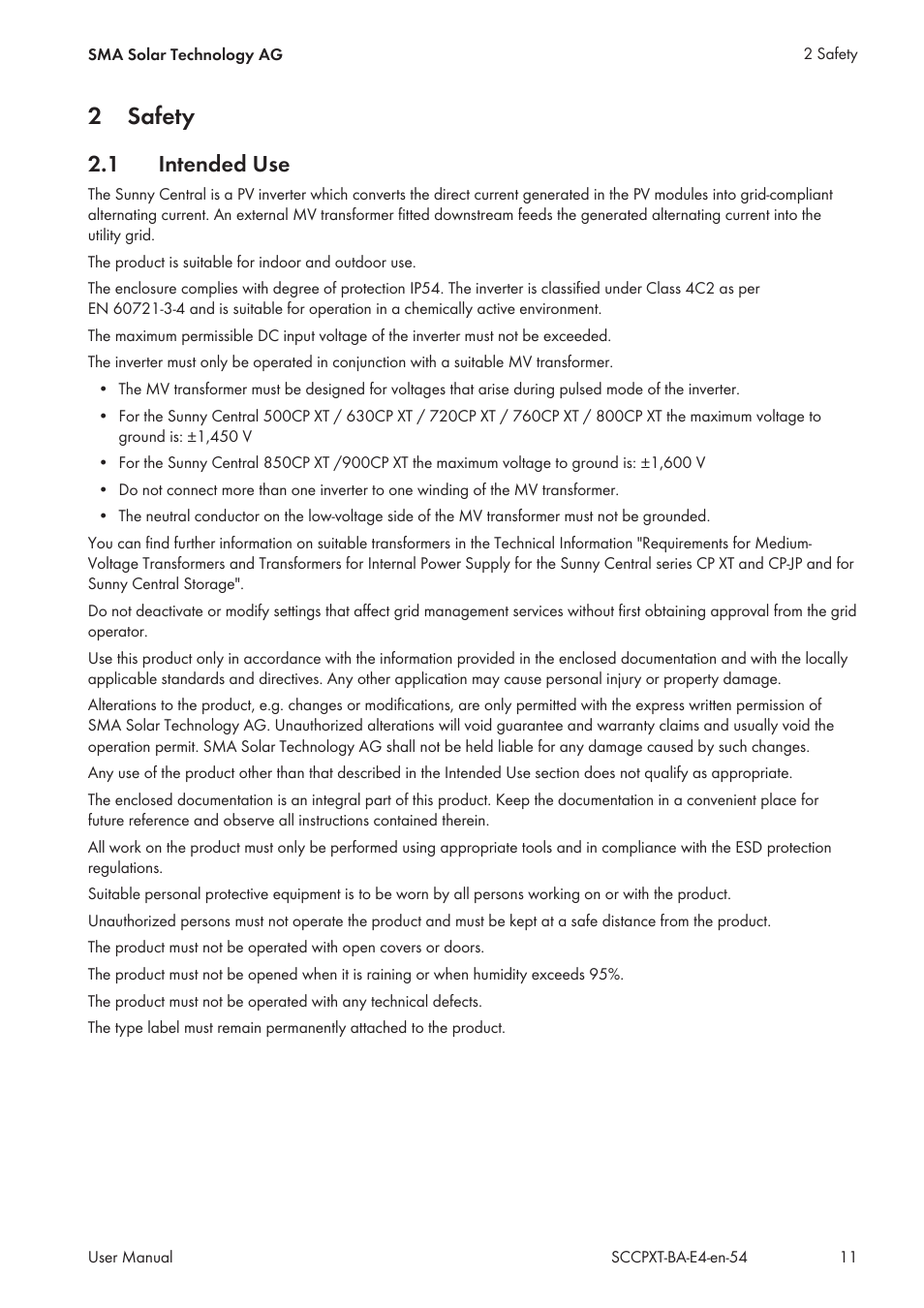 2 safety, 1 intended use, Safety | Intended use, 2safety | SMA SC 500CP XT User Manual | Page 11 / 158