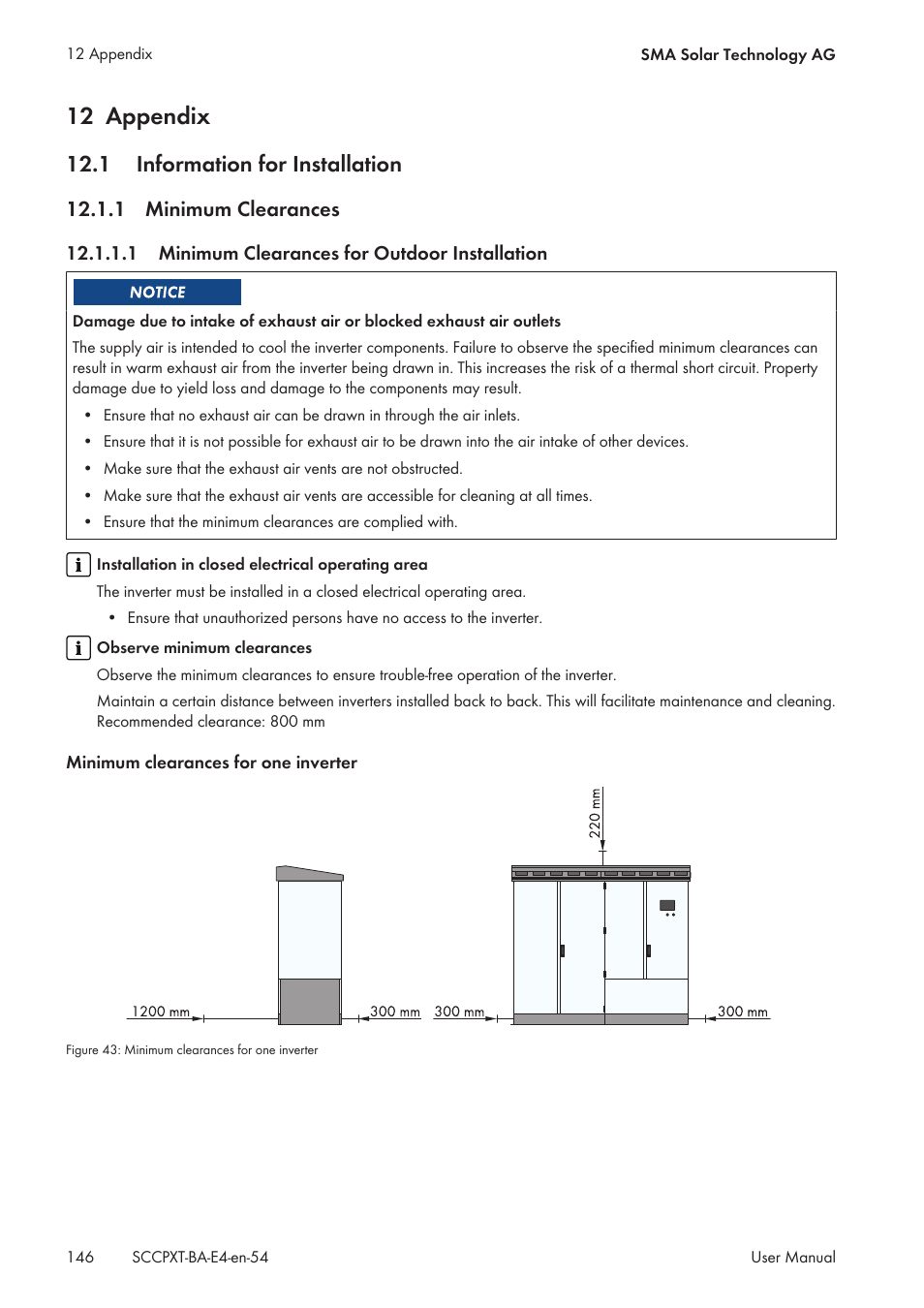 12 appendix, 1 information for installation, 1 minimum clearances | 1 minimum clearances for outdoor installation, Minimum clearances | SMA SC 500CP XT User Manual | Page 146 / 158