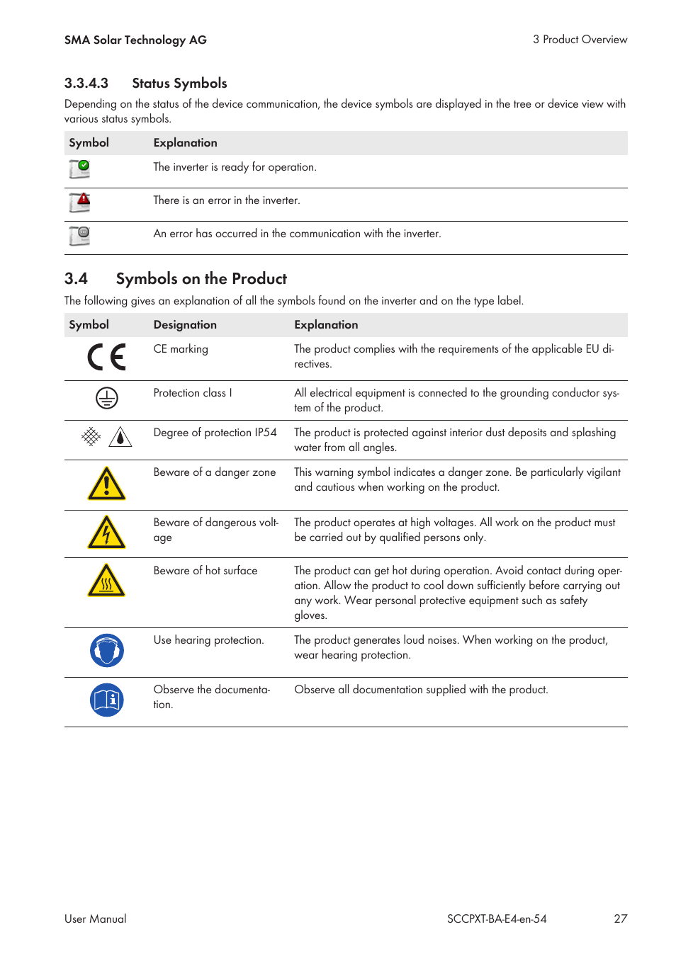 3 status symbols, 4 symbols on the product, Status symbols | Symbols on the product | SMA SC 500CP XT User Manual | Page 27 / 158