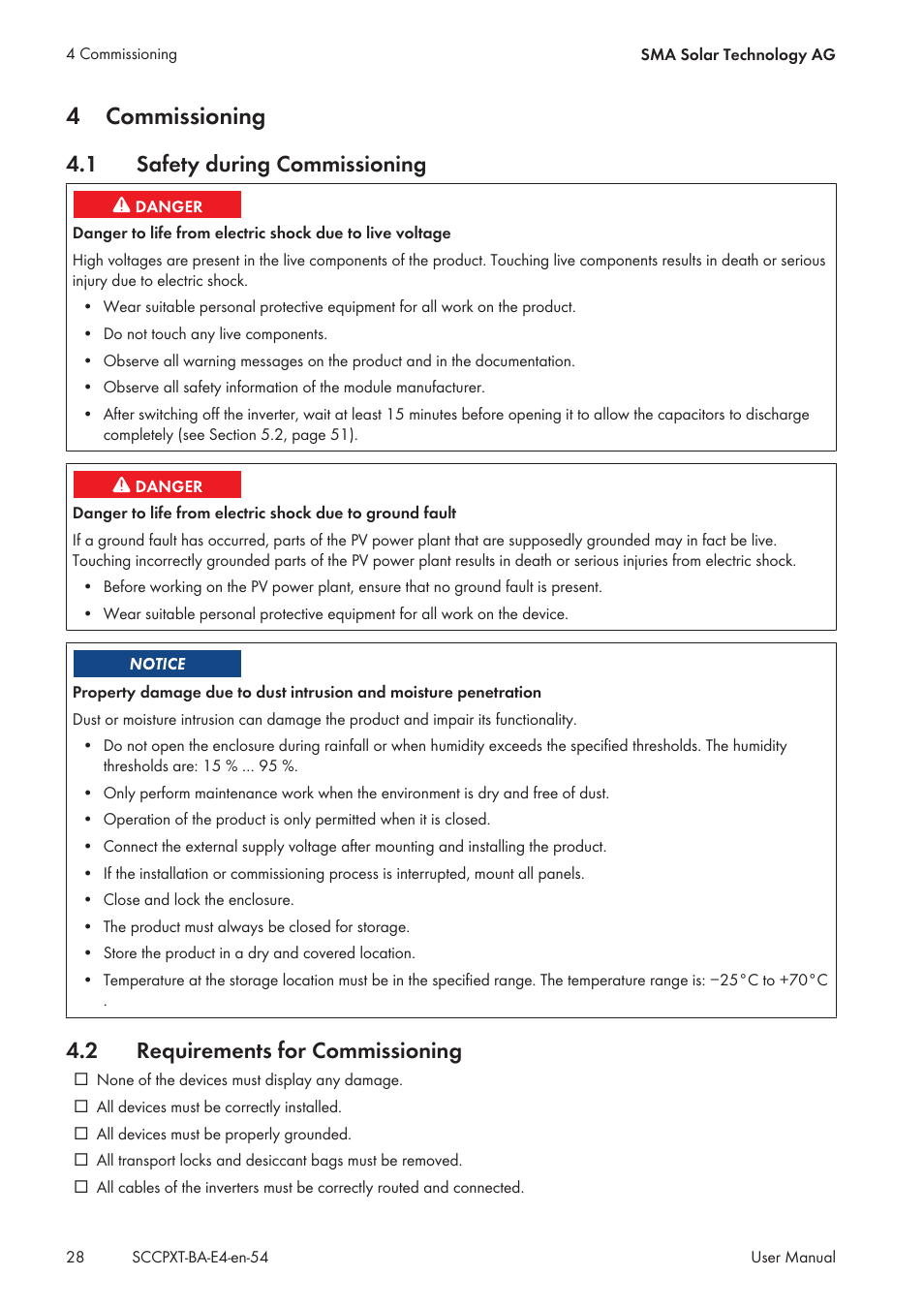 4 commissioning, 1 safety during commissioning, 2 requirements for commissioning | Commissioning, Safety during commissioning, Requirements for commissioning, 4commissioning | SMA SC 500CP XT User Manual | Page 28 / 158