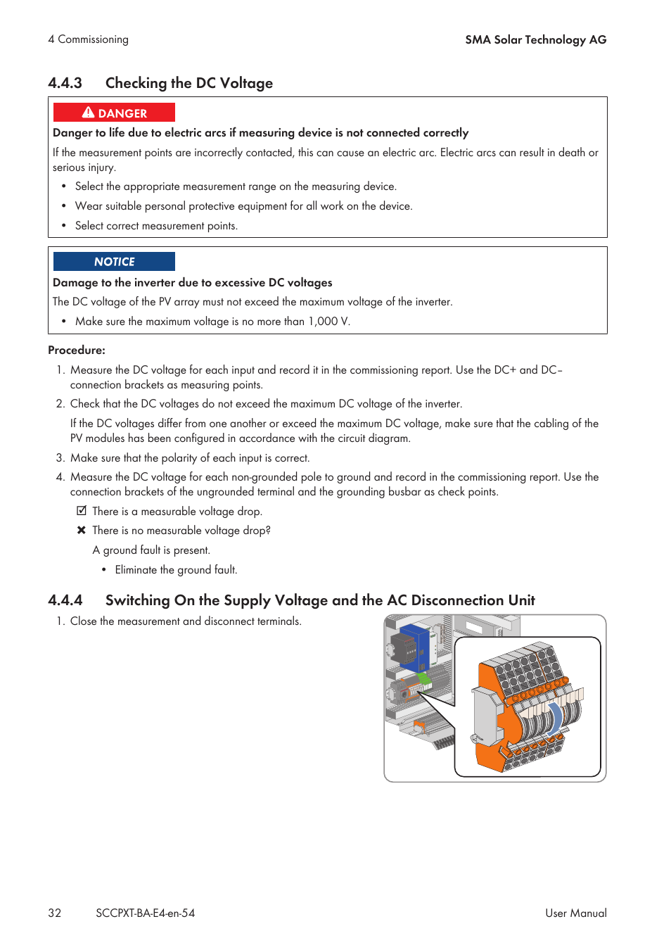 3 checking the dc voltage, Checking the dc voltage | SMA SC 500CP XT User Manual | Page 32 / 158