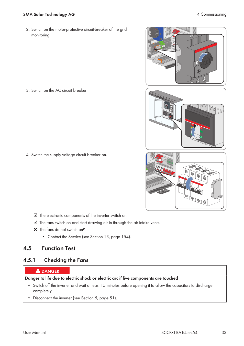 5 function test, 1 checking the fans, Function test | Checking the fans | SMA SC 500CP XT User Manual | Page 33 / 158