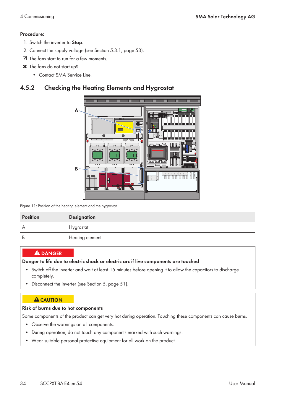 2 checking the heating elements and hygrostat, Checking the heating elements and hygrostat | SMA SC 500CP XT User Manual | Page 34 / 158