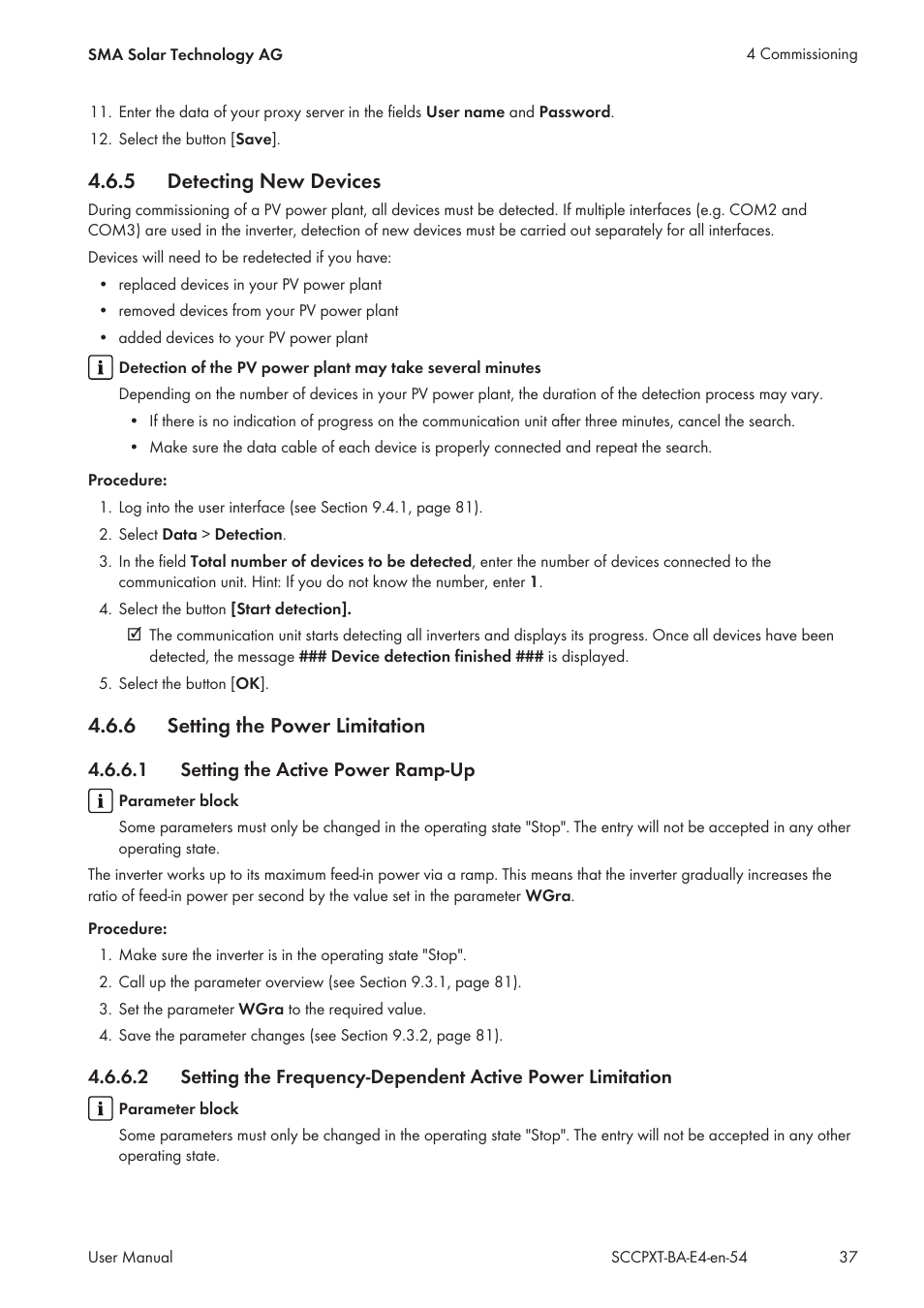 5 detecting new devices, 6 setting the power limitation, 1 setting the active power ramp-up | Detecting new devices, Setting the power limitation, Setting the active power ramp-up | SMA SC 500CP XT User Manual | Page 37 / 158