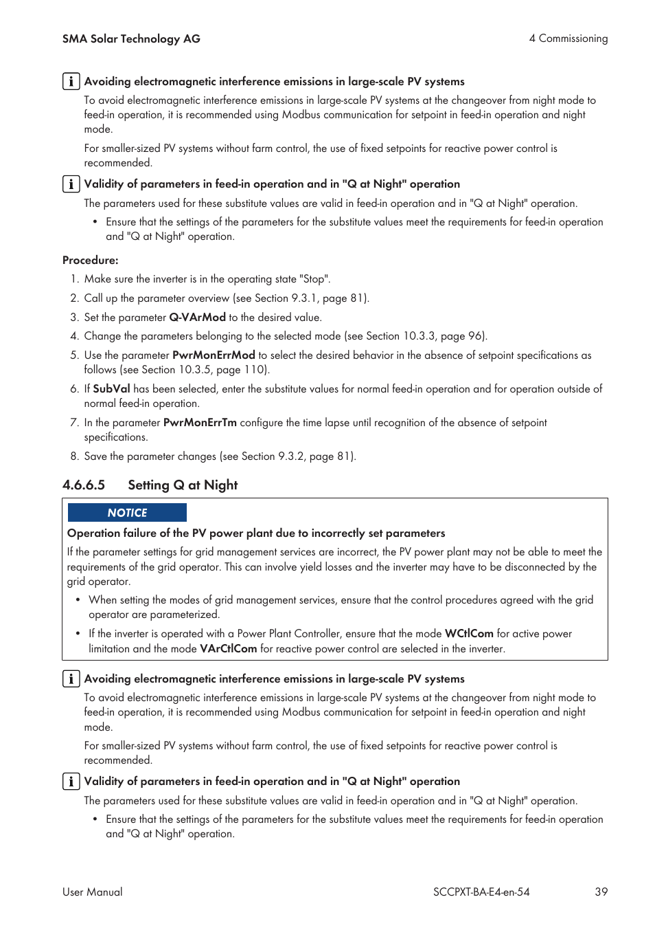 5 setting q at night, Setting q at night | SMA SC 500CP XT User Manual | Page 39 / 158