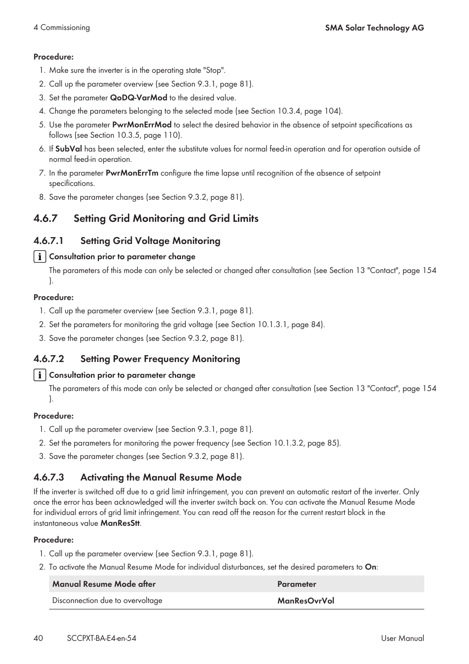 7 setting grid monitoring and grid limits, 1 setting grid voltage monitoring, 2 setting power frequency monitoring | 3 activating the manual resume mode, Setting grid monitoring and grid limits, Setting grid voltage monitoring, Setting power frequency monitoring, Activating the manual resume mode | SMA SC 500CP XT User Manual | Page 40 / 158