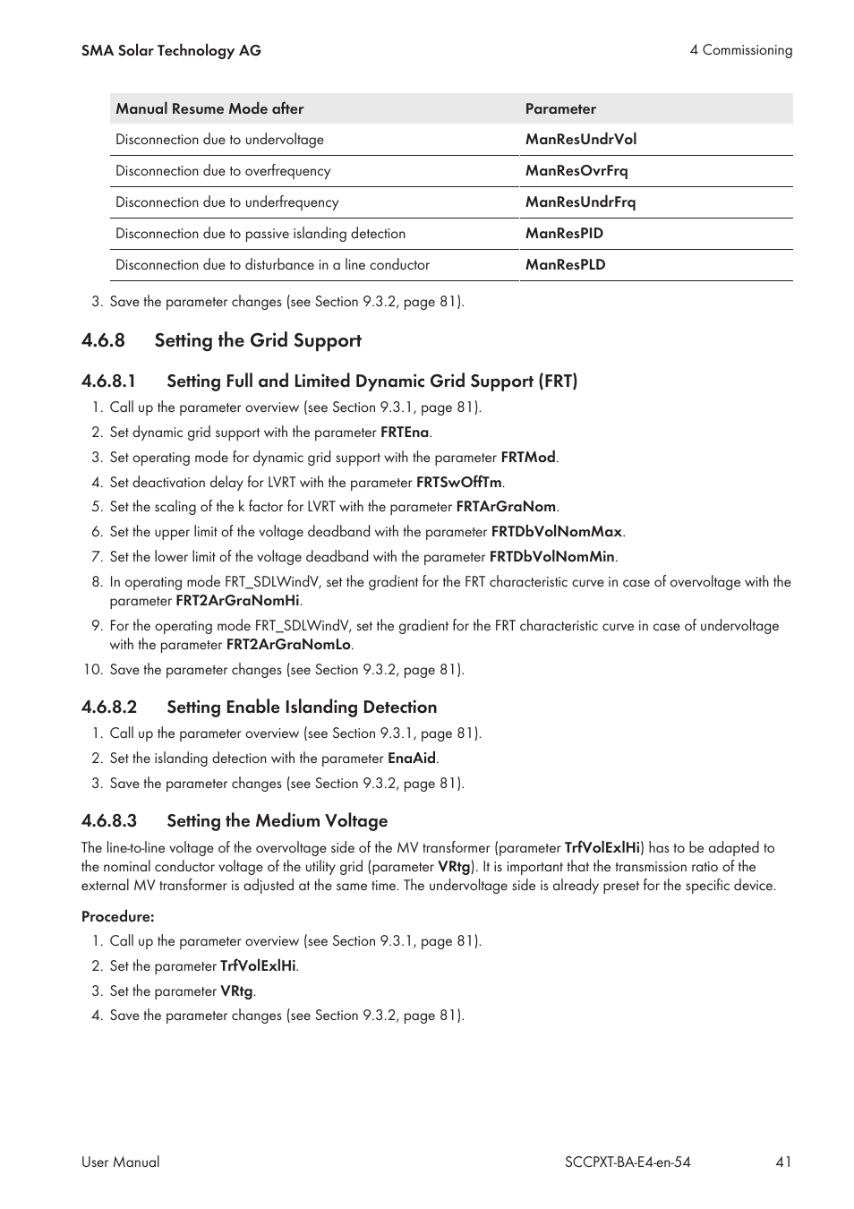 8 setting the grid support, 2 setting enable islanding detection, 3 setting the medium voltage | Setting the grid support, Setting enable islanding detection, Setting the medium voltage | SMA SC 500CP XT User Manual | Page 41 / 158