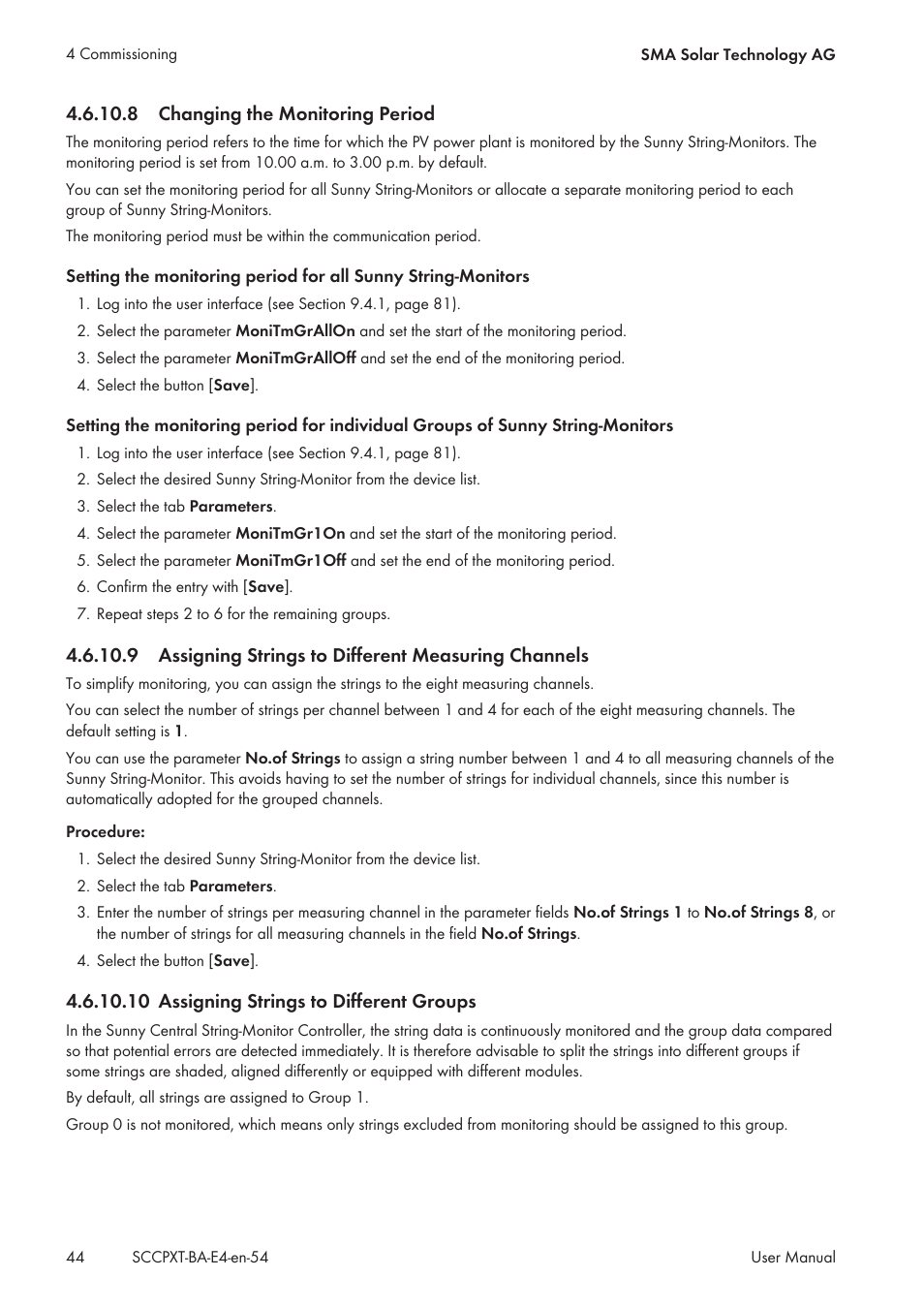 8 changing the monitoring period, 10 assigning strings to different groups | SMA SC 500CP XT User Manual | Page 44 / 158