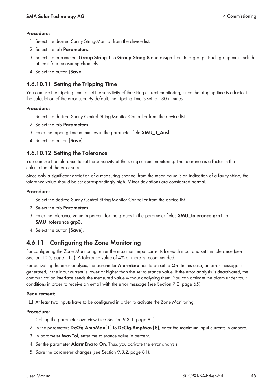 11 setting the tripping time, 12 setting the tolerance, 11 configuring the zone monitoring | Configuring the zone monitoring | SMA SC 500CP XT User Manual | Page 45 / 158