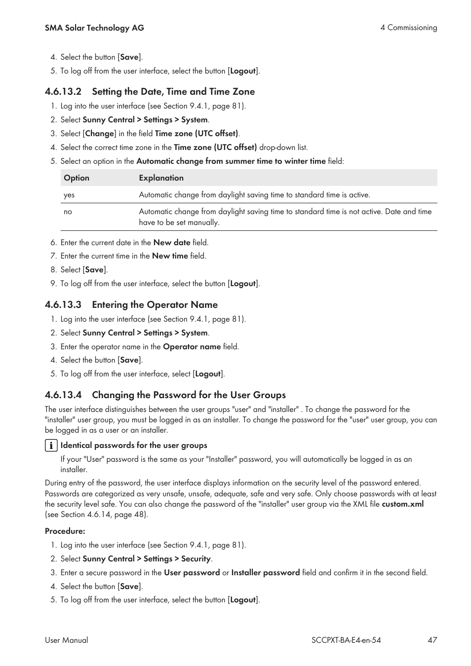 2 setting the date, time and time zone, 3 entering the operator name, 4 changing the password for the user groups | SMA SC 500CP XT User Manual | Page 47 / 158