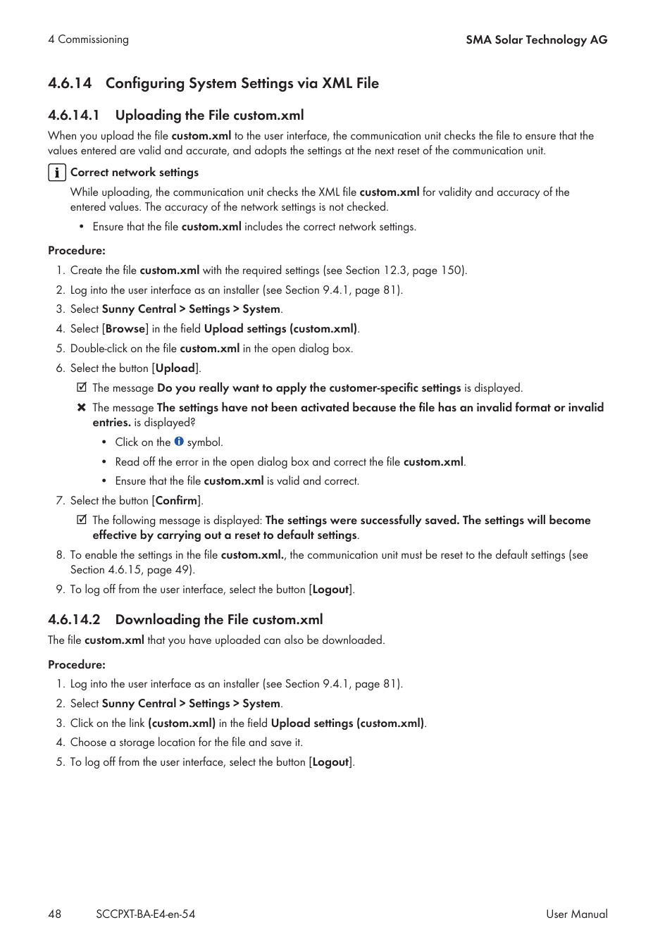 14 configuring system settings via xml file, 1 uploading the file custom.xml, 2 downloading the file custom.xml | Configuring system settings via xml file | SMA SC 500CP XT User Manual | Page 48 / 158