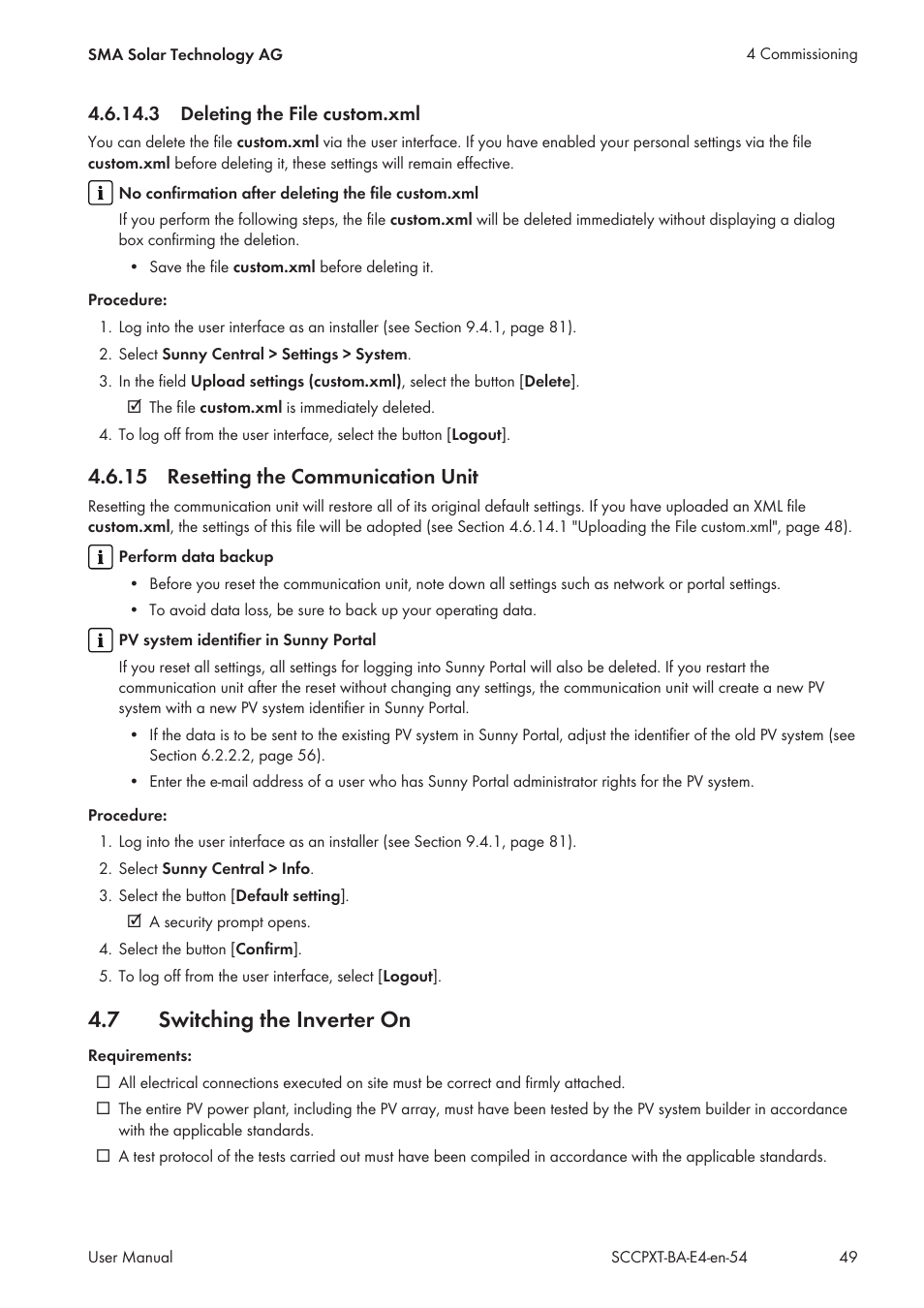 3 deleting the file custom.xml, 15 resetting the communication unit, 7 switching the inverter on | Resetting the communication unit, Switching the inverter on | SMA SC 500CP XT User Manual | Page 49 / 158