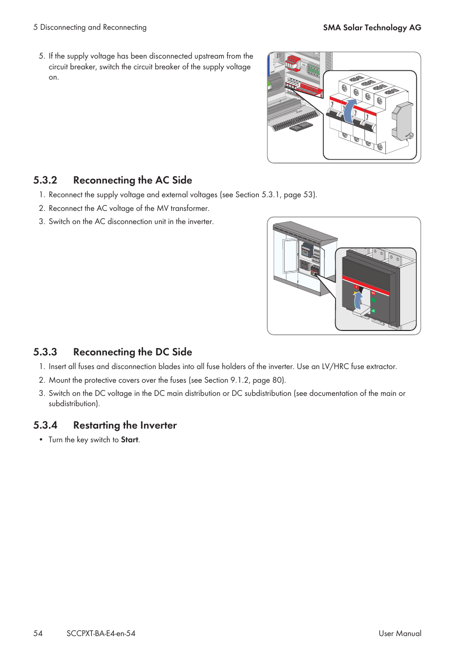 2 reconnecting the ac side, 3 reconnecting the dc side, 4 restarting the inverter | Reconnecting the ac side, Reconnecting the dc side, Restarting the inverter | SMA SC 500CP XT User Manual | Page 54 / 158