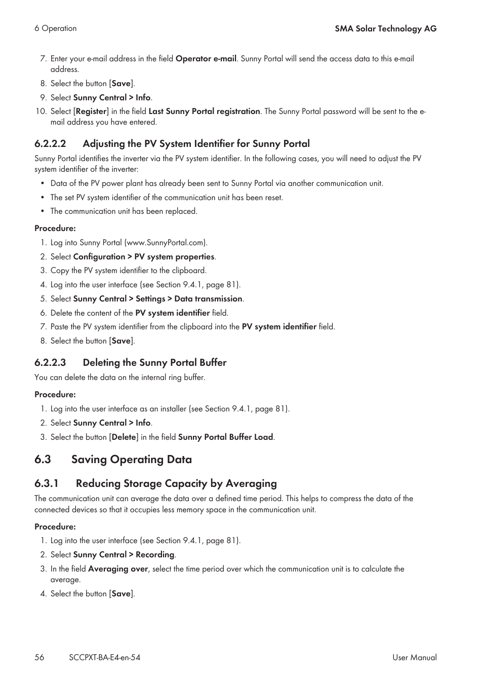 3 deleting the sunny portal buffer, 3 saving operating data, 1 reducing storage capacity by averaging | Deleting the sunny portal buffer, Saving operating data, Reducing storage capacity by averaging | SMA SC 500CP XT User Manual | Page 56 / 158