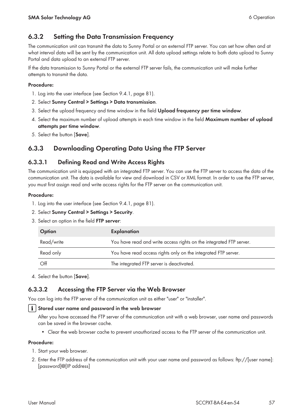 2 setting the data transmission frequency, 3 downloading operating data using the ftp server, 1 defining read and write access rights | 2 accessing the ftp server via the web browser, Setting the data transmission frequency, Downloading operating data using the ftp server, Defining read and write access rights, Accessing the ftp server via the web browser | SMA SC 500CP XT User Manual | Page 57 / 158