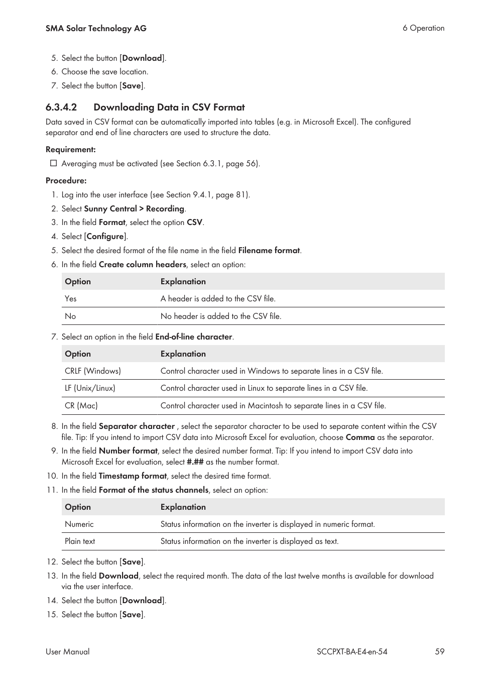 2 downloading data in csv format, Downloading data in csv format | SMA SC 500CP XT User Manual | Page 59 / 158