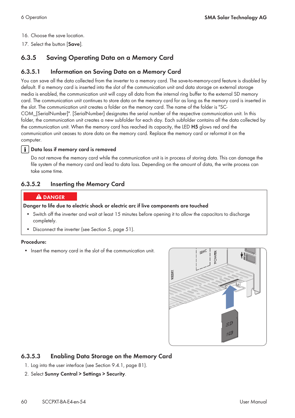 5 saving operating data on a memory card, 1 information on saving data on a memory card, 2 inserting the memory card | 3 enabling data storage on the memory card, Saving operating data on a memory card, Information on saving data on a memory card, Inserting the memory card, Enabling data storage on the memory card | SMA SC 500CP XT User Manual | Page 60 / 158