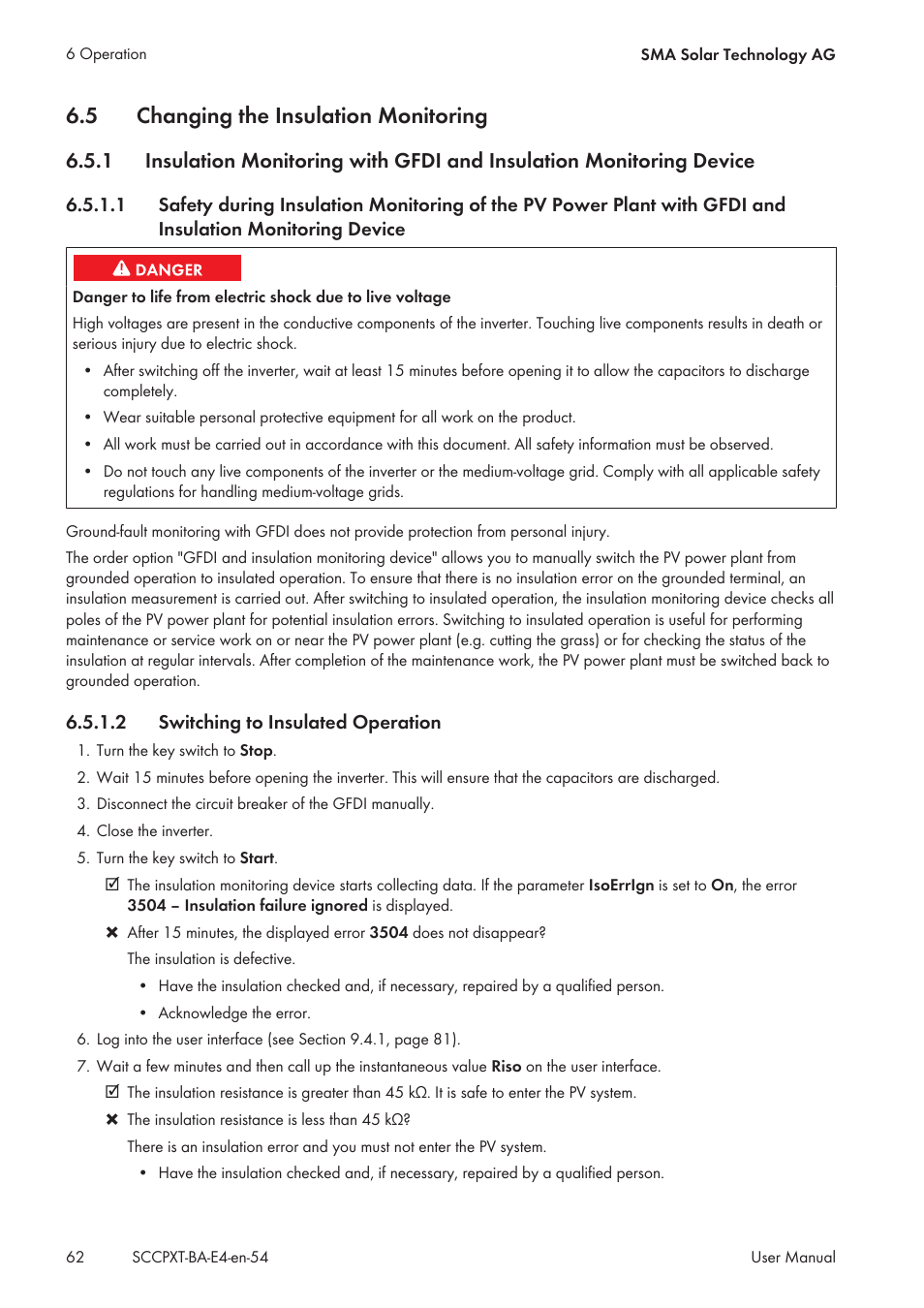 5 changing the insulation monitoring, 2 switching to insulated operation, Changing the insulation monitoring | Switching to insulated operation | SMA SC 500CP XT User Manual | Page 62 / 158