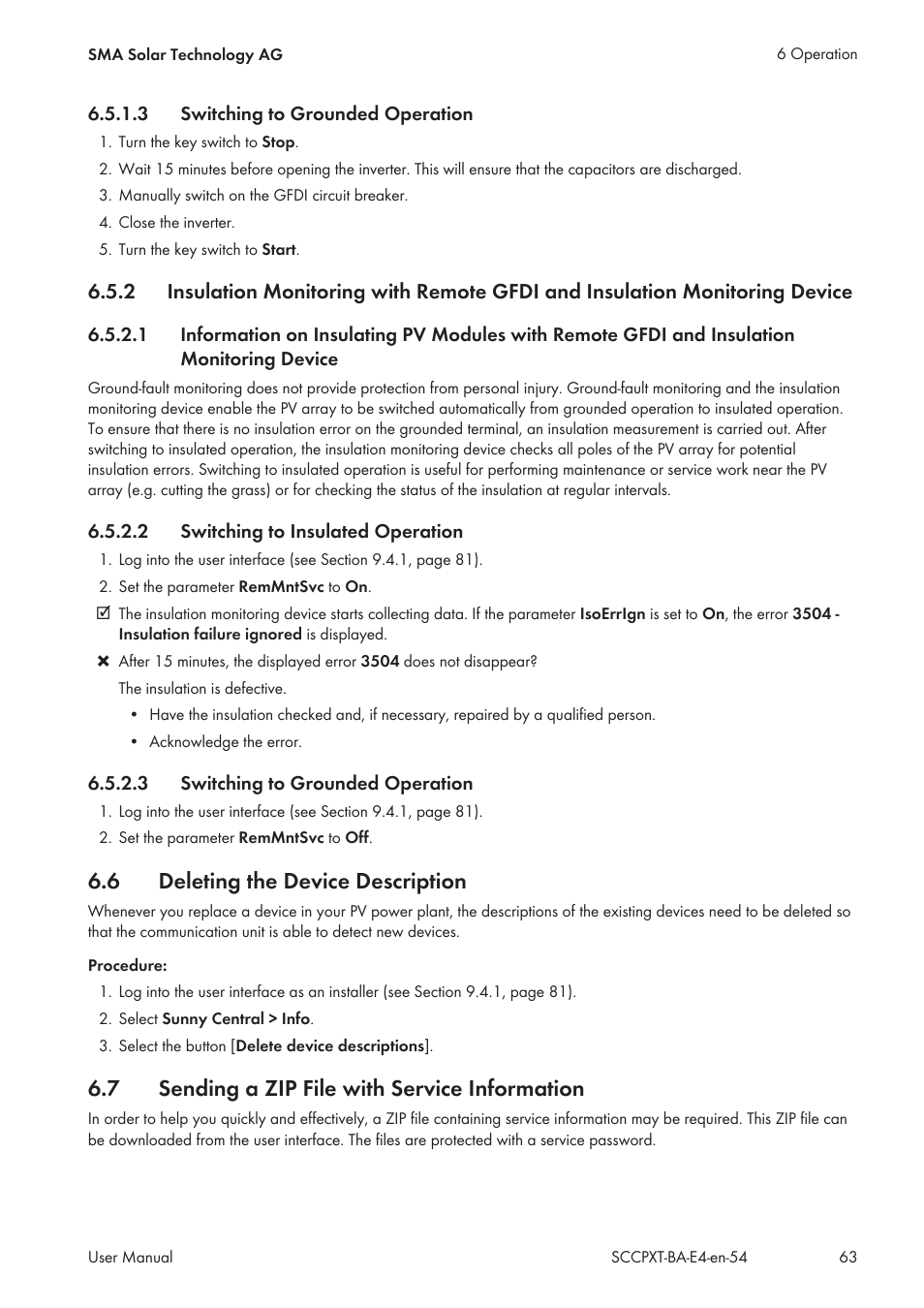 3 switching to grounded operation, 2 switching to insulated operation, 6 deleting the device description | 7 sending a zip file with service information, Switching to grounded operation, Switching to insulated operation, Deleting the device description, Sending a zip file with service information | SMA SC 500CP XT User Manual | Page 63 / 158