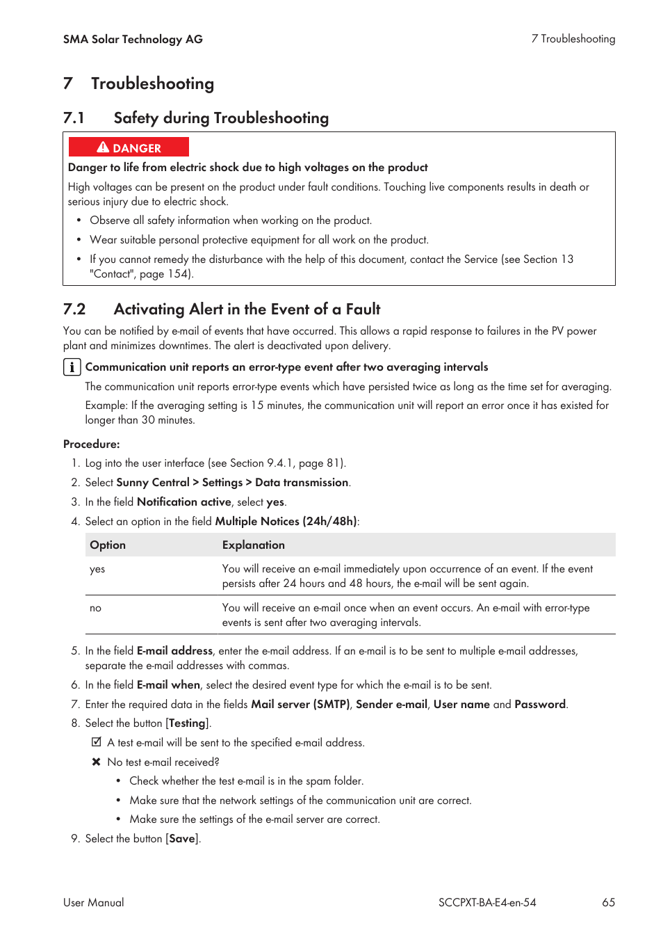 7 troubleshooting, 1 safety during troubleshooting, 2 activating alert in the event of a fault | Troubleshooting, Safety during troubleshooting, Activating alert in the event of a fault, 7troubleshooting | SMA SC 500CP XT User Manual | Page 65 / 158